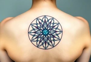 A symmetrical Flower of Life with hexagonal crystal and geometrical details in round cyrcle, enhancing its sacred geometric nature. tattoo idea