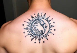 celestial sun and moon embrace with constellation patterns tattoo idea