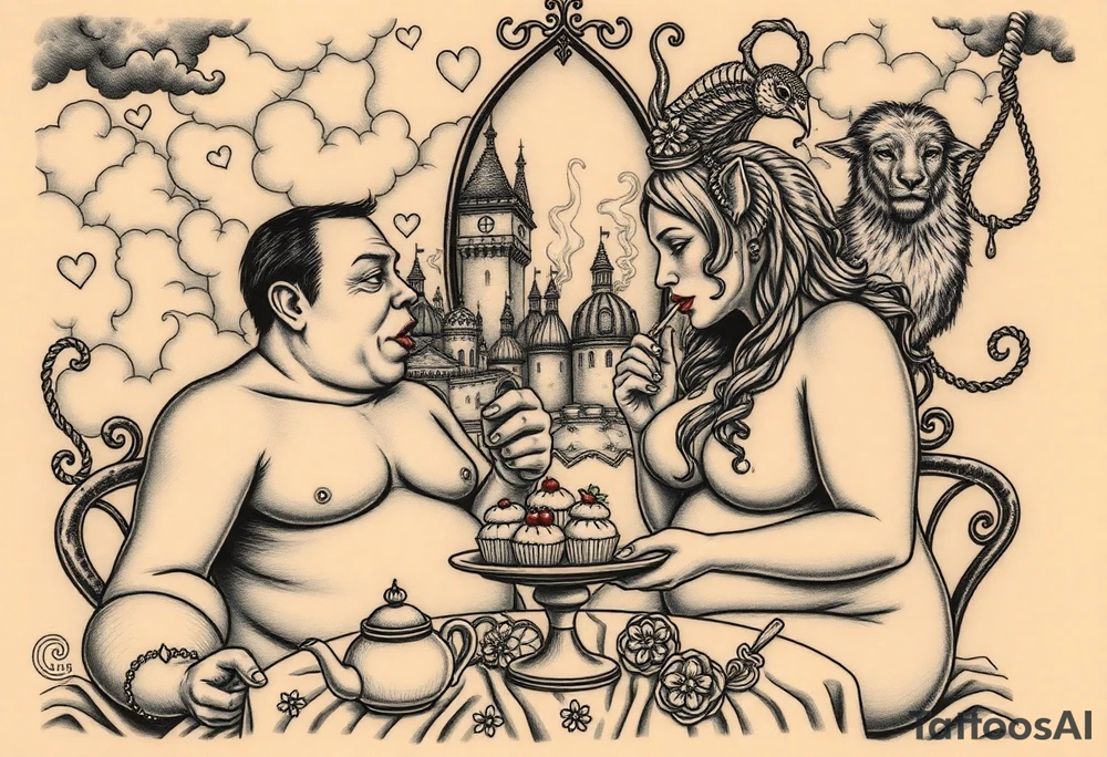 Naked Man and fat woman having sex eating cupcakes and  fruit  having sexy naked fat lady having a tea party with tea pots  swith fancy castle  
with mystical  a pigs, peacock,  lion, goat, noose and smoking cigerettes looking in the mirror thru storm clouds and broken hearts and darkness and wrath, envy , gluttony, greed, sloth, pride . Gothic tattoo idea