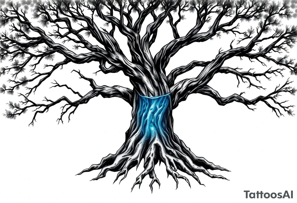 Black and white Tree with roots. Blue water inside the whole tree like veins tattoo idea