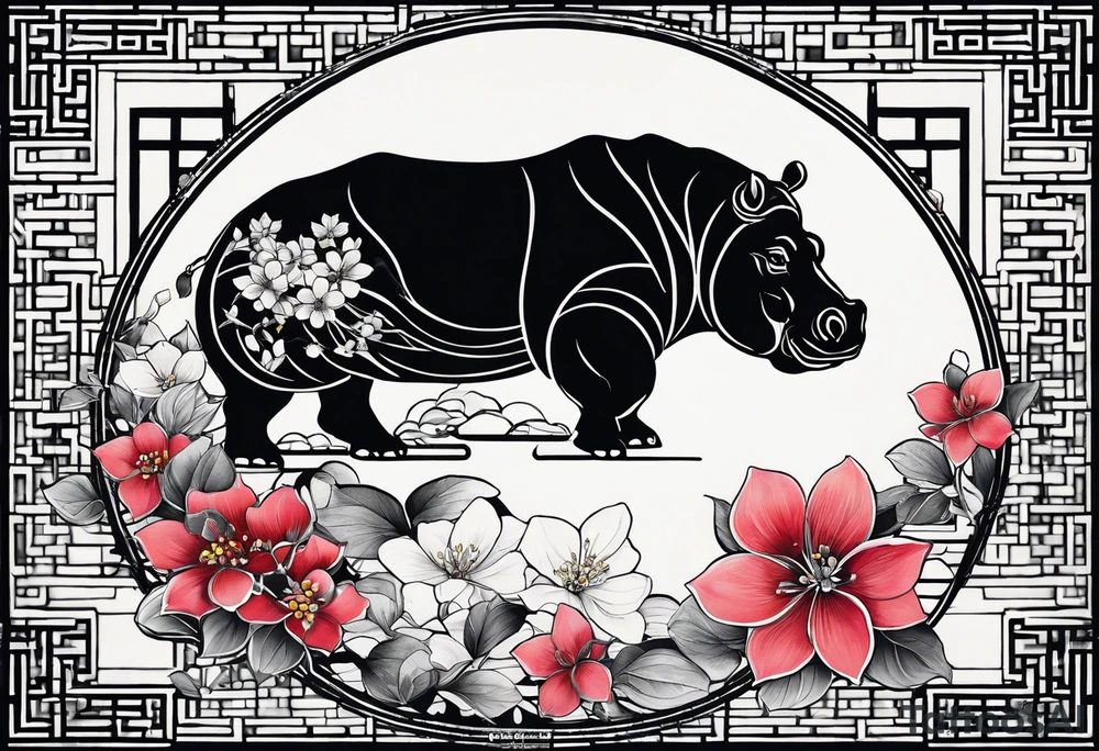 Asymmetrical, geometric, chinese ink art touch, hippo , full moon, wintersweet flower,  modify from my favourite, tattoo idea