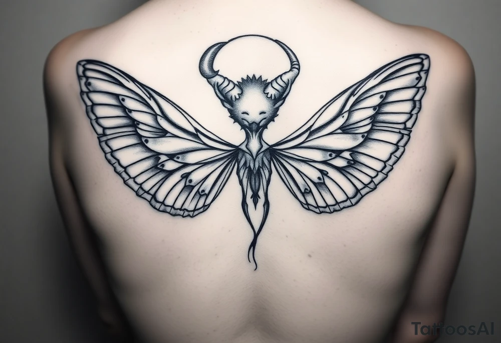 A powerful extremely sexy depiction of a start date with angel wings resembling that of a lunar moth and horns resembling the moths antennas with the son of of her head as if a Halo with two crescent men's off to each side tattoo idea