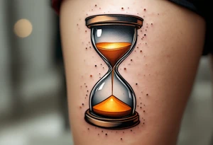 A realistic hourglass with golden sand, mid-pour, with reflections in warm gold and deep black, symbolizing love’s timeless nature. tattoo idea