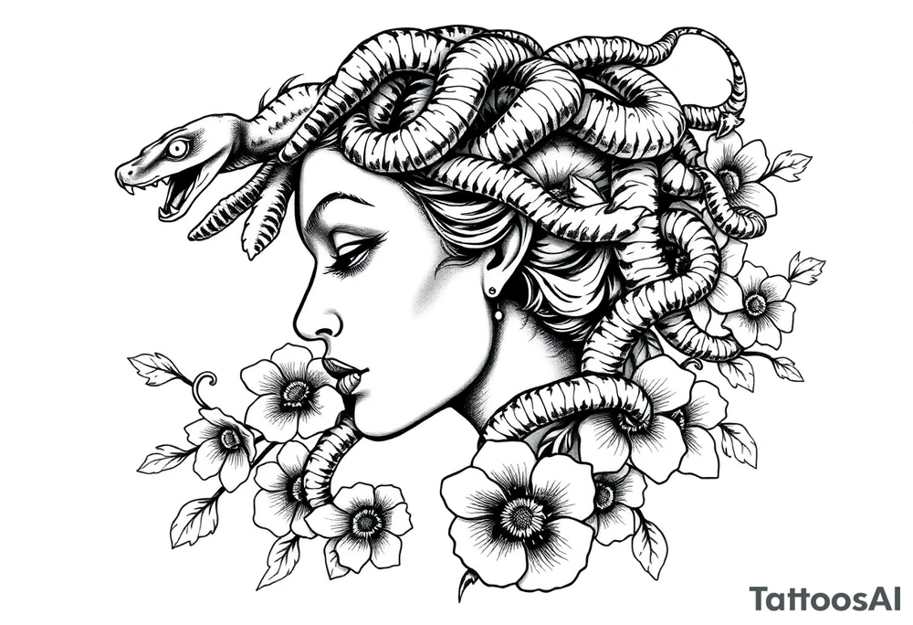 Side portrait of Medusa with snake heads, flowers tattoo idea