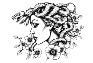 Side portrait of Medusa with snake heads, flowers tattoo idea