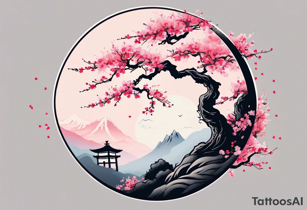 A circle of mist with cherry blossom trees on the left side growing upwards and downwards with the shadow kanji letter in the middle of the circle tattoo idea