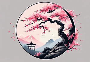 A circle of mist with cherry blossom trees on the left side growing upwards and downwards with the shadow kanji letter in the middle of the circle tattoo idea