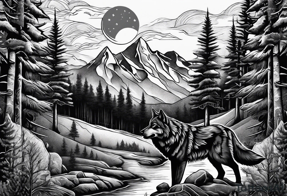 Mountain peaks
Two wolves
Moon
Dark woods
Trail tattoo idea