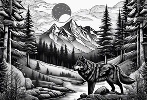 Mountain peaks
Two wolves
Moon
Dark woods
Trail tattoo idea