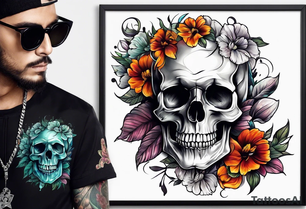 skull with flowers growing on it tattoo idea
