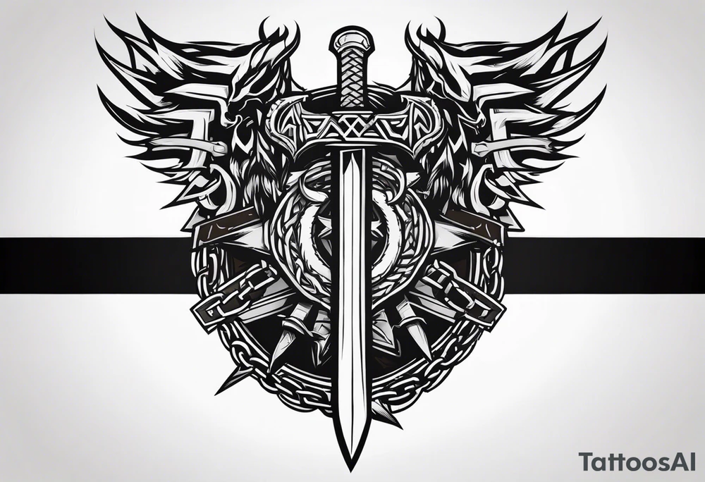 Valhalla sword shield dragon axe Valknut barbed wire chains tattoo idea