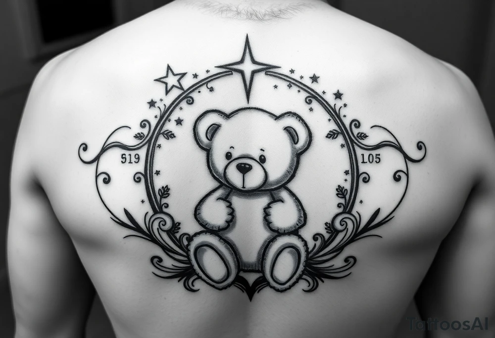 Baby lost , new beginning, shooting star , teddy bear , death date , life tattoo idea