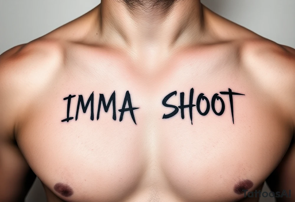 the word ‘IMMA’ and the word ‘SHOOT’ under each collar bone on chest in a font that looks like spray paint tattoo idea