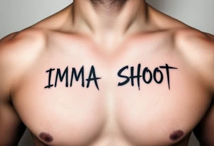 the word ‘IMMA’ and the word ‘SHOOT’ under each collar bone on chest in a font that looks like spray paint tattoo idea