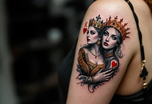 Two playing card symbols—King of Spades and Queen of Hearts—done in black, red, and subtle shading. tattoo idea