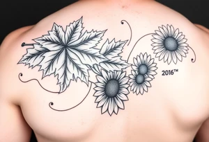 Arm sleeve with fall colored Maple leaves and gerbera daisies connected with thin swirly lines tattoo idea