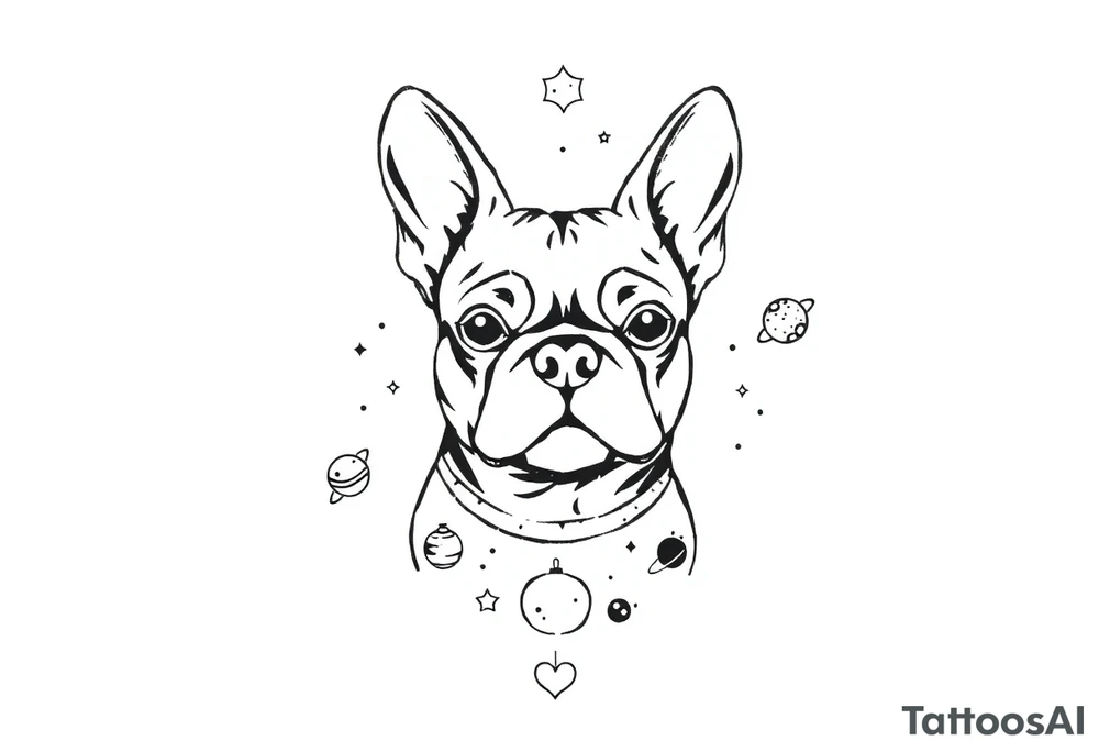 a space themed tattoo of my french bulldog mars. include elements in space like planets and stars. tattoo idea