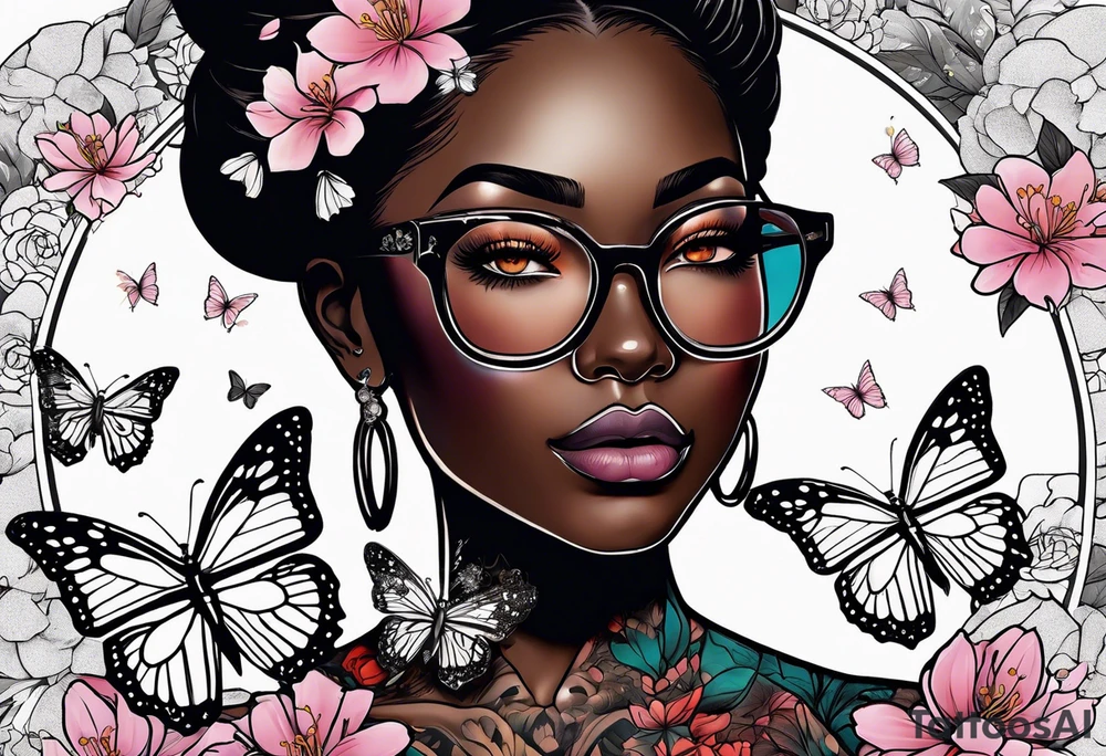 Black dark-skinned Female with glasses with butterflies and sakura blossoms around her with the lettering " Nisha " Underneath. tattoo idea