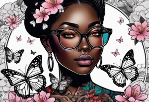 Black dark-skinned Female with glasses with butterflies and sakura blossoms around her with the lettering " Nisha " Underneath. tattoo idea