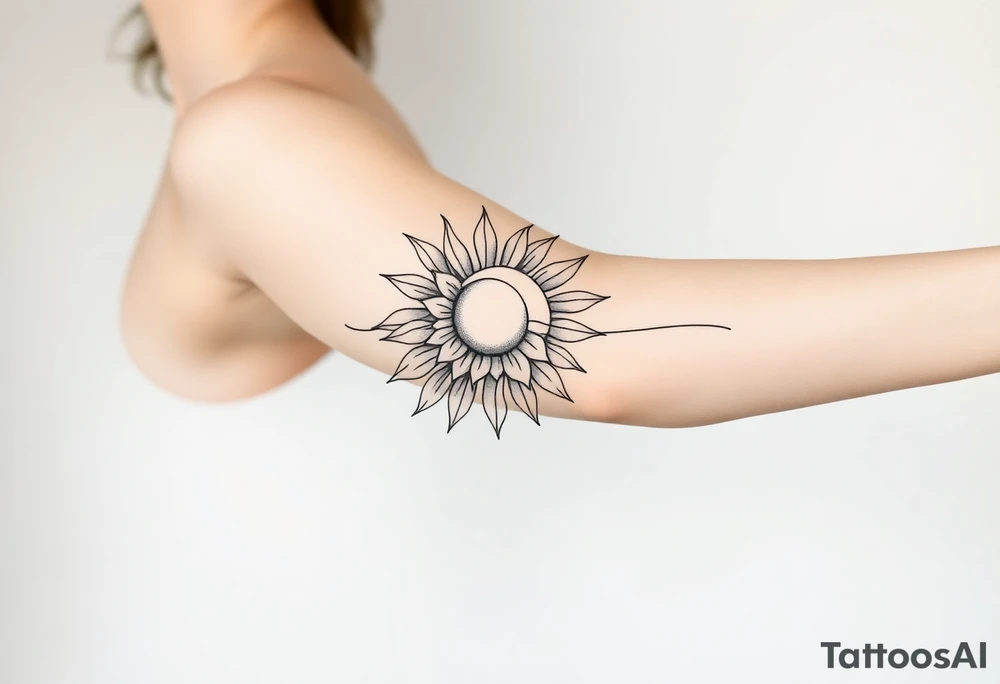 Shining Mystical sun with long  leaning sunflower sun tattoo idea