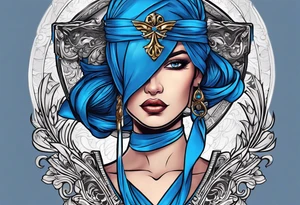 The woman's eyes are covered with a blue ribbon, she holds a sword in one hand and scales in the other . lady justicia tattoo idea