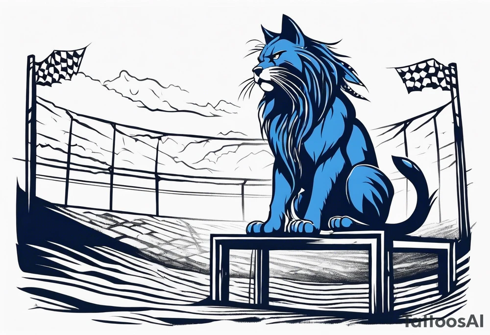 blue wildcat with long dreads under stadium football lights with a snarl on his face standing on a hill looking down at all his defeated opponents tattoo idea