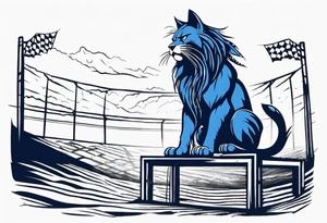 blue wildcat with long dreads under stadium football lights with a snarl on his face standing on a hill looking down at all his defeated opponents tattoo idea