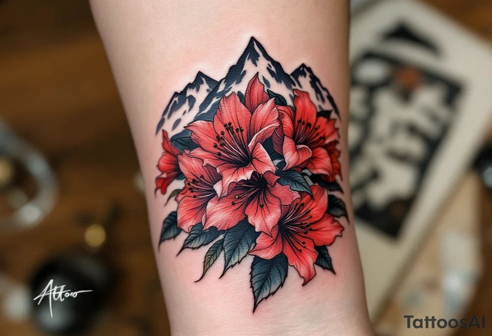 red  and black rhododendron trippy with Himalayas behind tattoo idea