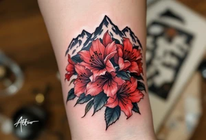 red  and black rhododendron trippy with Himalayas behind tattoo idea