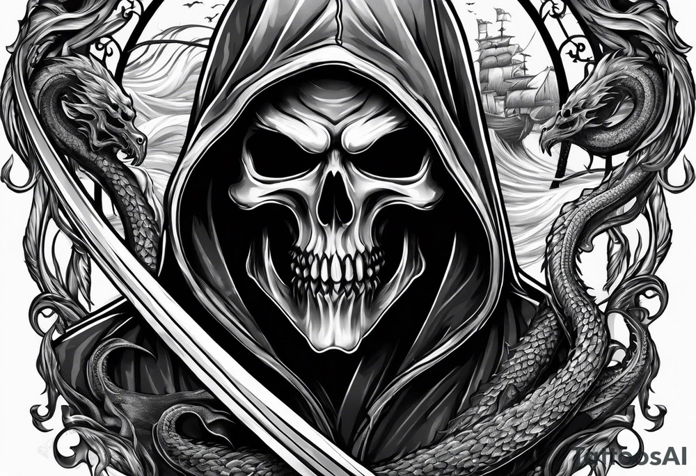 Grim reaper with a kraken in the background tattoo idea