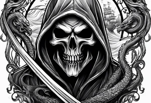 Grim reaper with a kraken in the background tattoo idea
