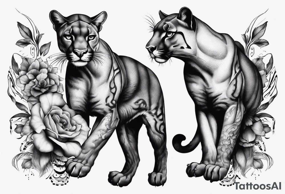 Generate a tattoo concept featuring two black pumas positioned on either side of a central element. Emphasize the pumas' details, such as their stance, facial expressions, and tail features. tattoo idea