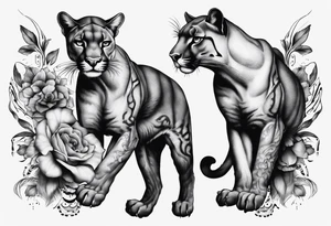 Generate a tattoo concept featuring two black pumas positioned on either side of a central element. Emphasize the pumas' details, such as their stance, facial expressions, and tail features. tattoo idea