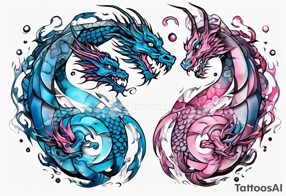 ying yang dragon stones blue & pink tattoo idea
