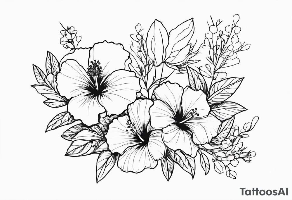 Hibiscus with wildflowers, poppy, complimentary flowers tattoo idea