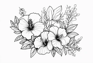Hibiscus with wildflowers, poppy, complimentary flowers tattoo idea