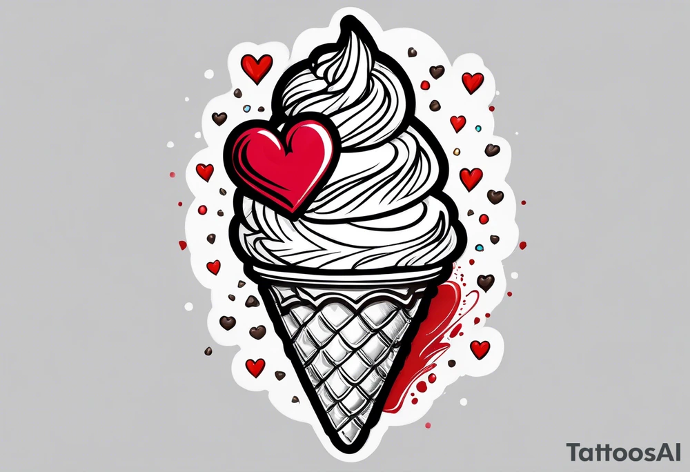sketch chocolate chip ice cream cone with one red heart tattoo idea