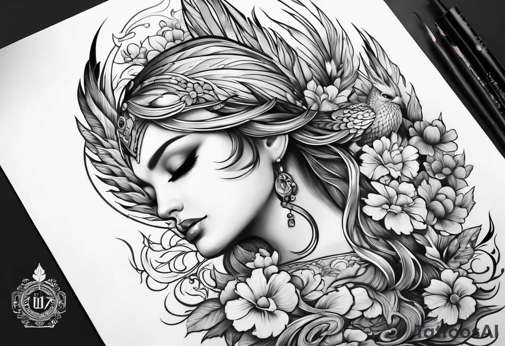 Half sleeve with phoenix and flowers with decorations down on the hand tattoo idea