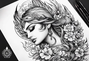 Half sleeve with phoenix and flowers with decorations down on the hand tattoo idea