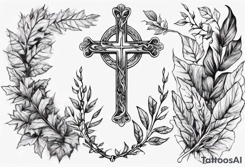 wreath leaves and the cross at the end of the leaves tattoo idea