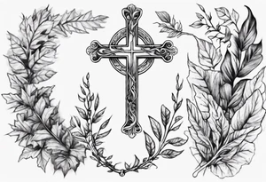 wreath leaves and the cross at the end of the leaves tattoo idea