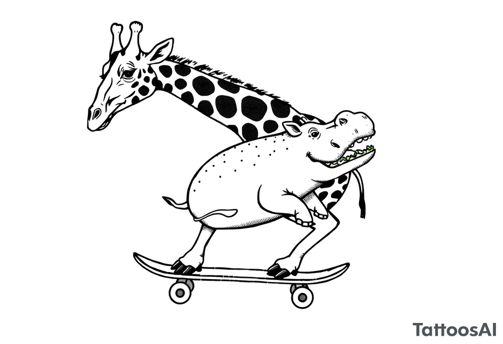 Majestic giraffe riding a skateboard and eating a hippo sandwich tattoo idea