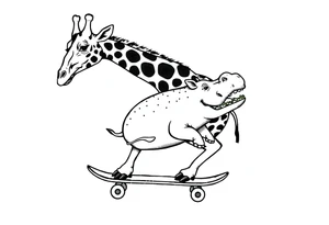 Majestic giraffe riding a skateboard and eating a hippo sandwich tattoo idea