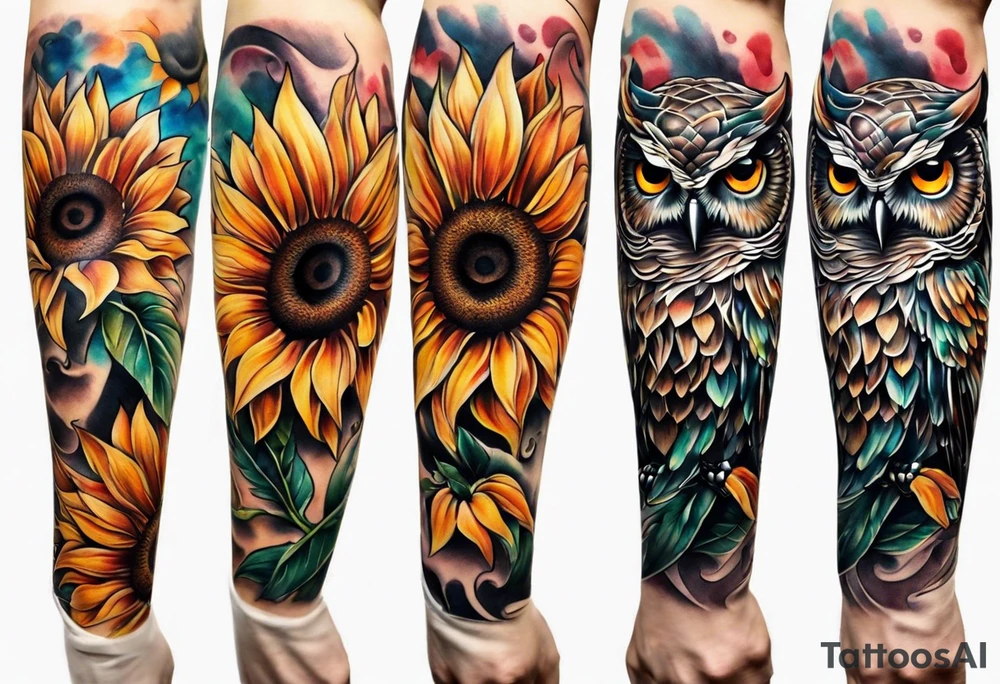 Arm sleeve with colorful sunflowers and an owl tattoo idea