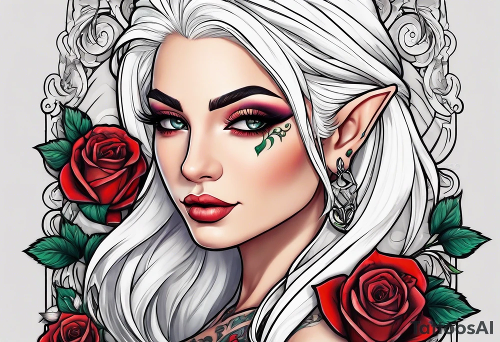 elf with white hair, roses, and tattoos tattoo idea