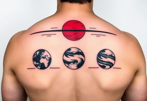 three horizontal planets. Color Black and red with more black tattoo idea