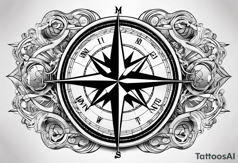 Compass with compass rose and anchor and gps data and clouds tattoo idea