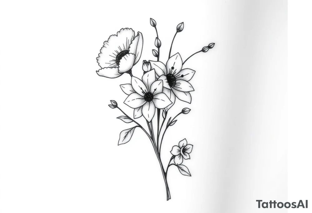 simple black and white tattoo with a bouquet from one stem featuring poppy flower, lily of the valley, daffodil, water lily, daisy, with less lines and detail tattoo idea