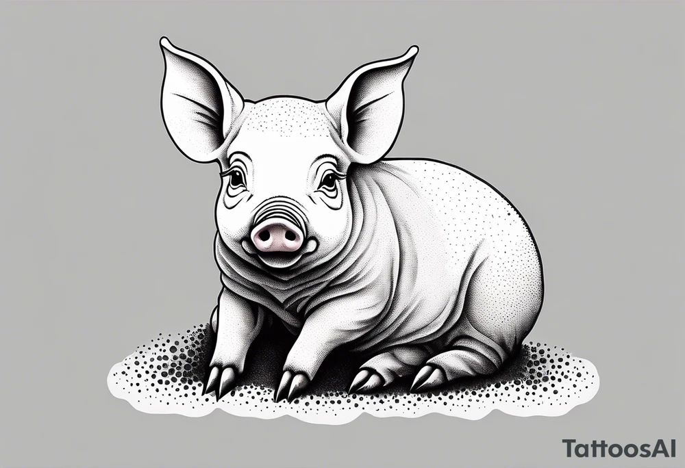 cute piglet sitting on bum. thin lines minimal shading, black and white only, with text "friends not food", white background tattoo idea