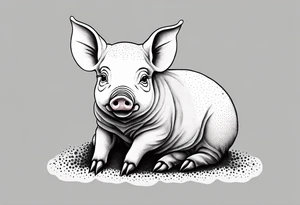 cute piglet sitting on bum. thin lines minimal shading, black and white only, with text "friends not food", white background tattoo idea